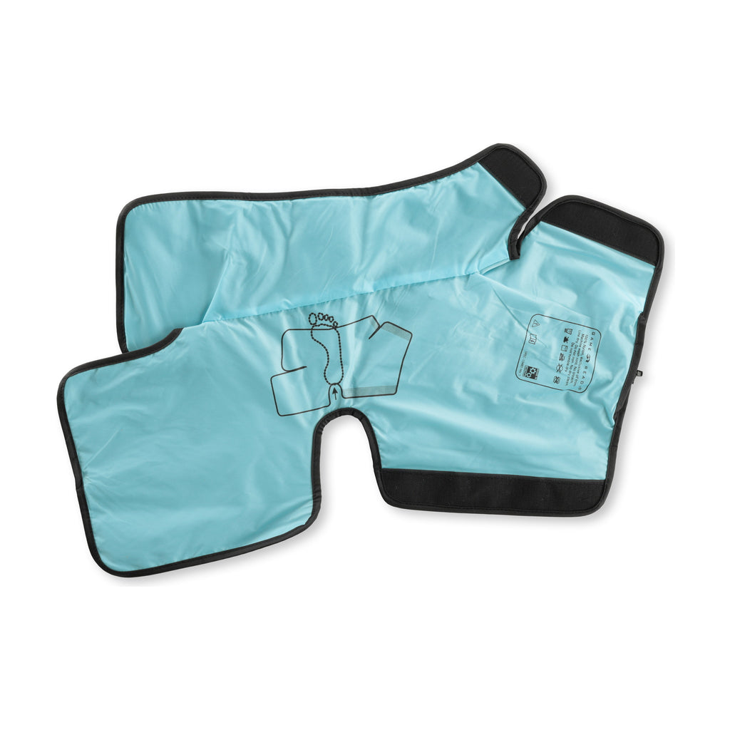 The ankle sleeve opened out on white to show the light-blue lining, the foot-placement diagram and the care label.