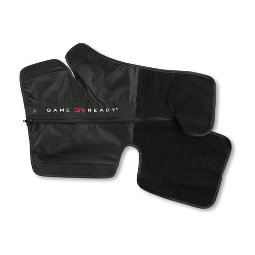 A black ankle sleeve opened flat on white, foot and calf sections spread, with the GAME READY wordmark across the zippered panel.