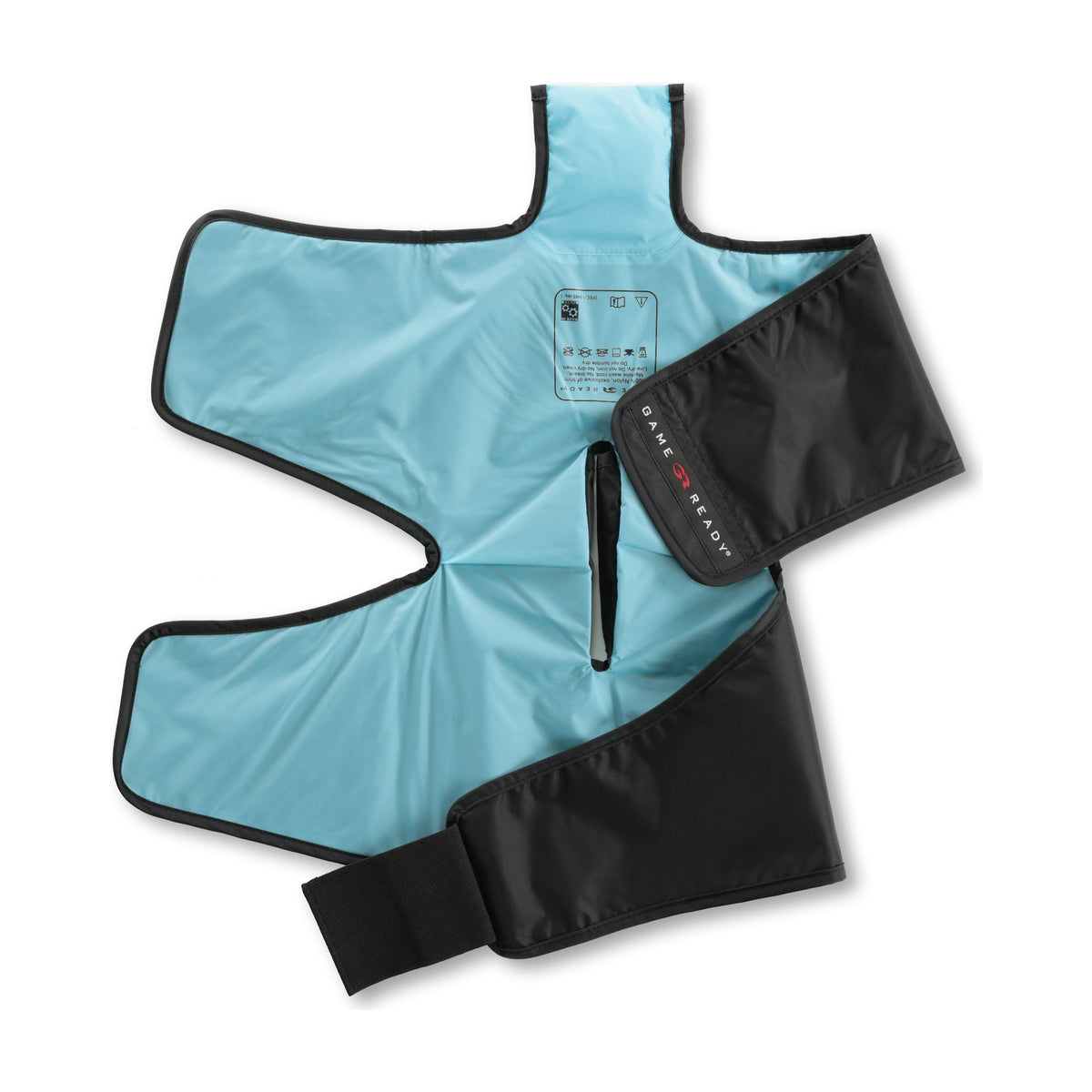 The articulated knee cover on white with the light-blue lining face up and the black GAME READY closure strap folded across it.