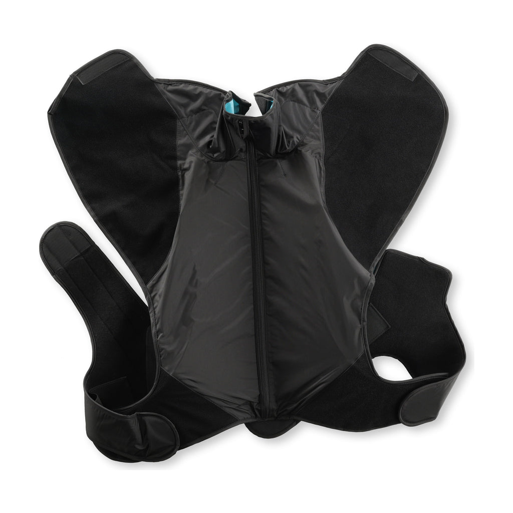 A black C-T spine sleeve opened flat on white in its cross shape, shoulder wings spread and the centre zip running top to bottom.