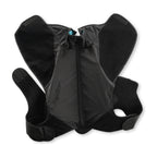 A black C-T spine sleeve opened flat on white in its cross shape, shoulder wings spread and the centre zip running top to bottom.