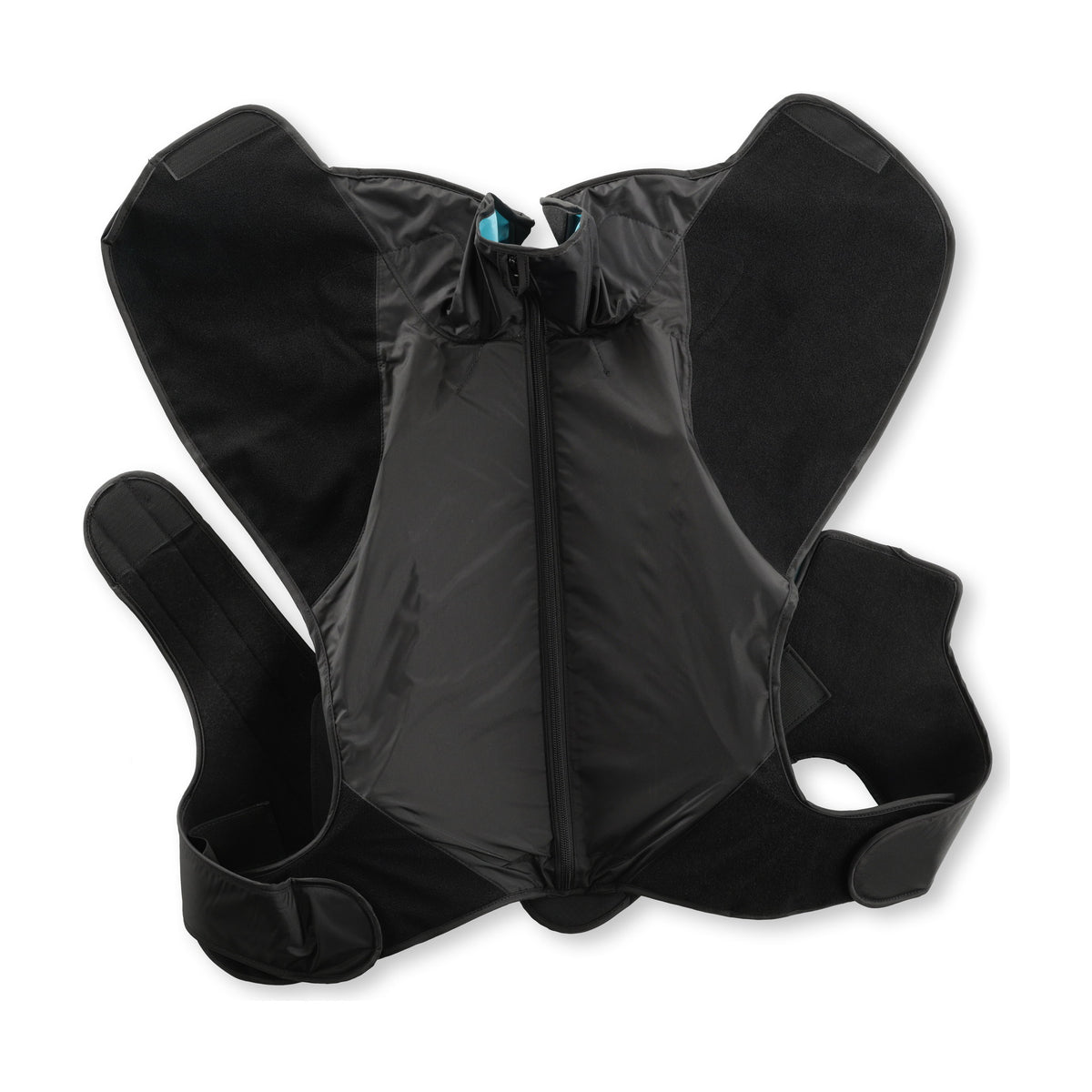 A black C-T spine sleeve opened flat on white in its cross shape, shoulder wings spread and the centre zip running top to bottom.