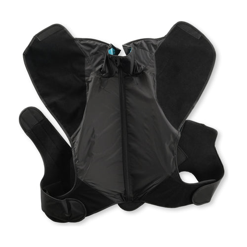 A black C-T spine sleeve opened flat on white in its cross shape, shoulder wings spread and the centre zip running top to bottom.