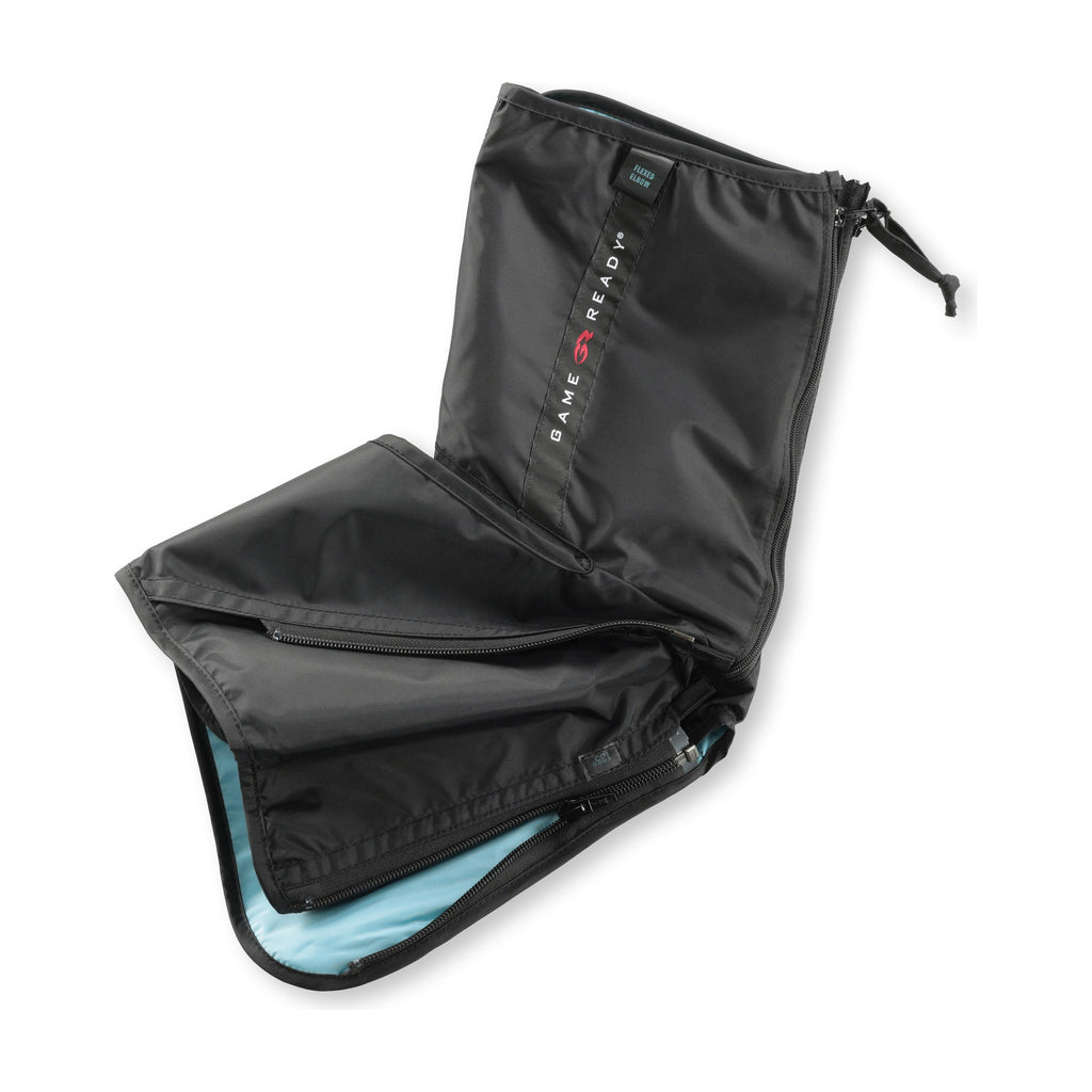 A second view of the black flexed elbow sleeve on white, tube form open at the lower cuff to show the light-blue lining.