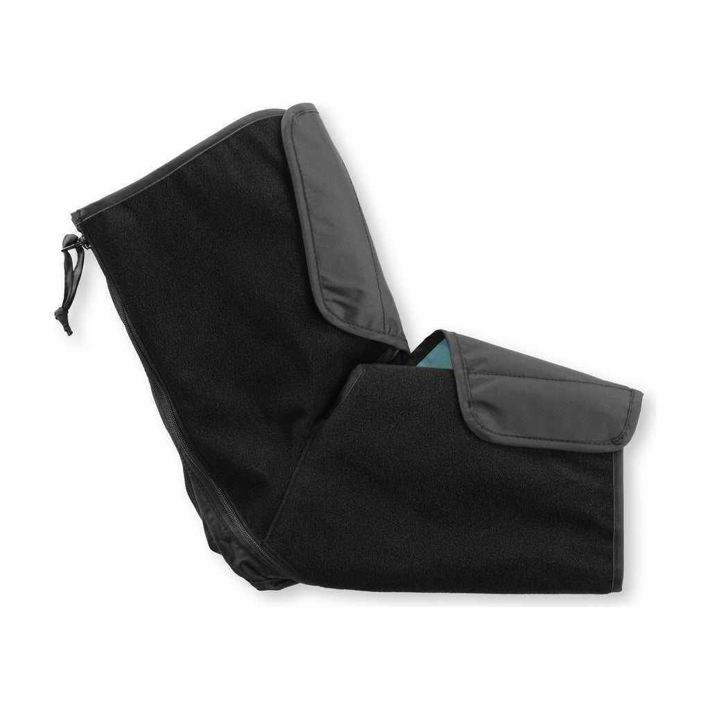 The flexed elbow sleeve on white in profile, fleece face out, showing the elbow bend and both nylon cuff flaps.
