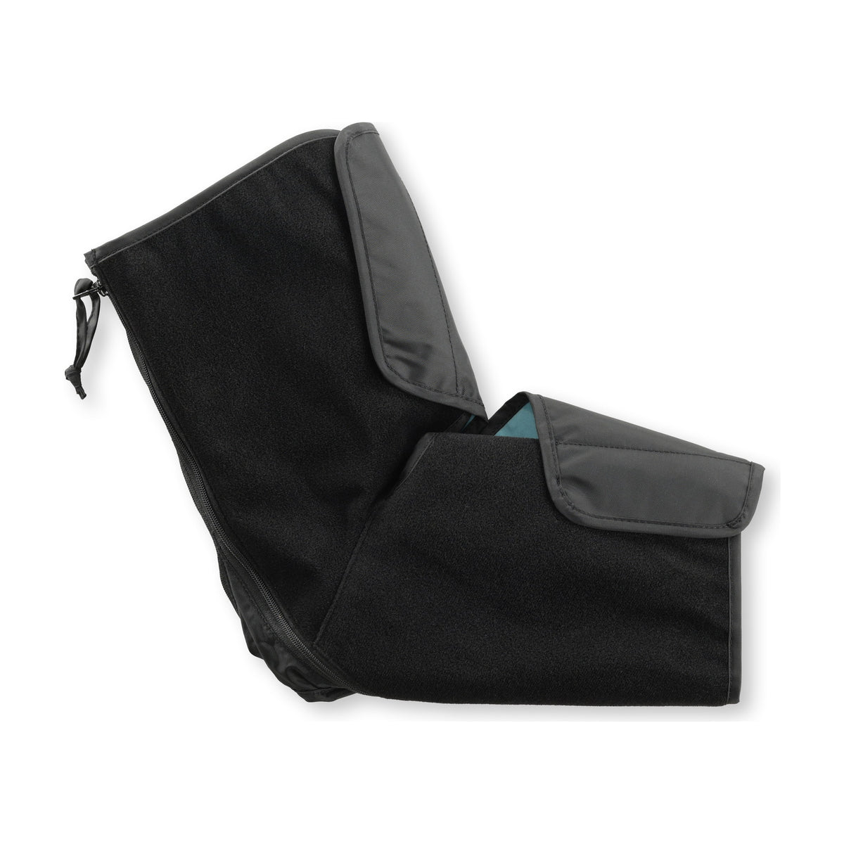 The flexed elbow sleeve on white in profile, fleece face out, showing the elbow bend and both nylon cuff flaps.