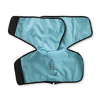 The flexed elbow sleeve opened flat on white showing the full light-blue lining and care label.