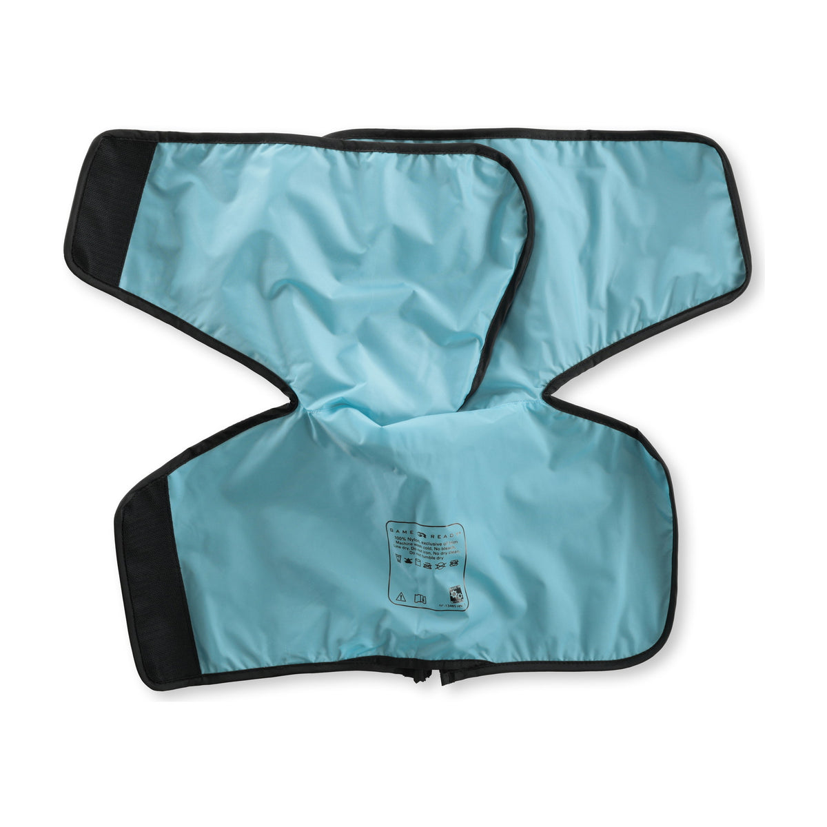 The flexed elbow sleeve opened flat on white showing the full light-blue lining and care label.