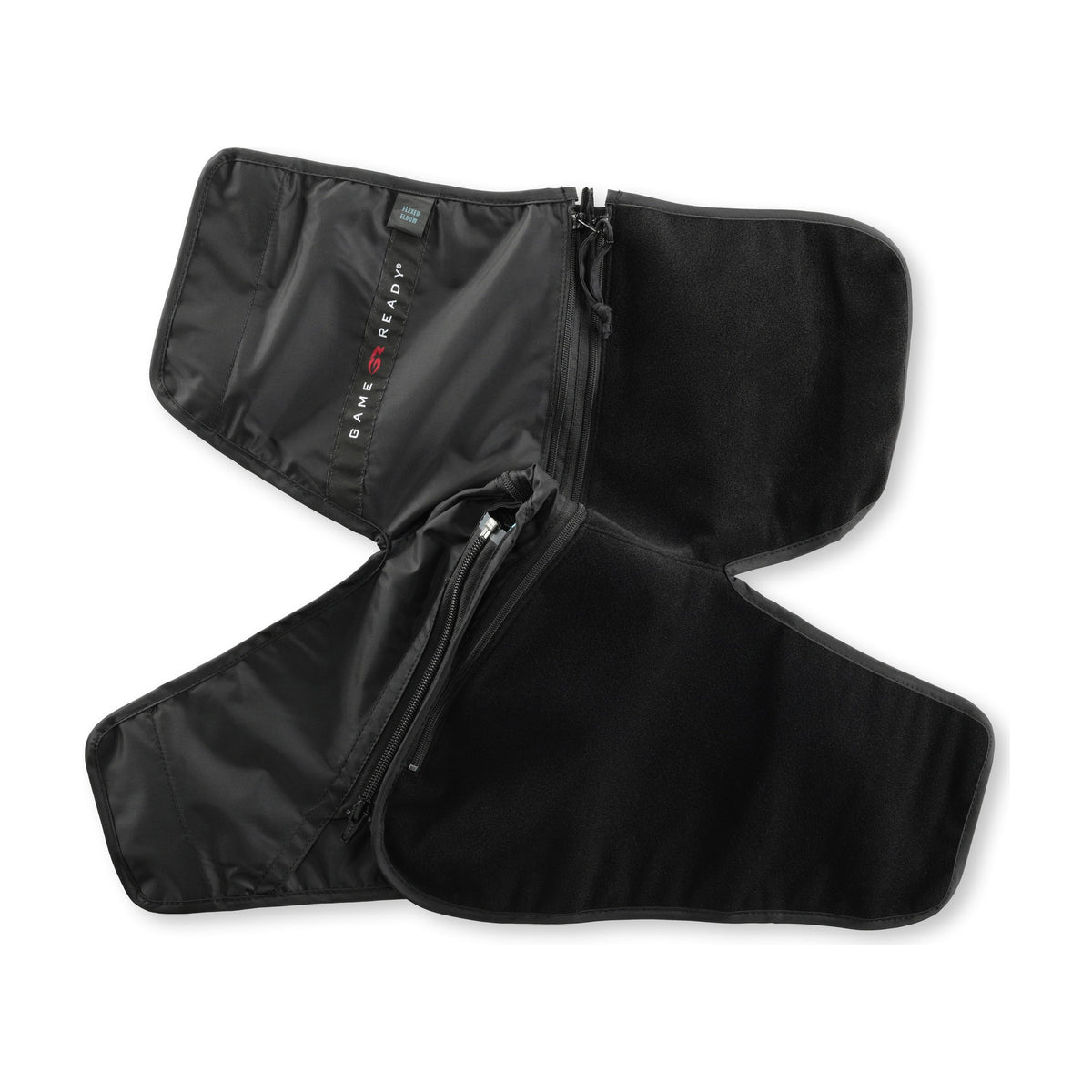 The flexed elbow sleeve opened flat on white in its hourglass shape, fleece face up with the seam zip through the middle.