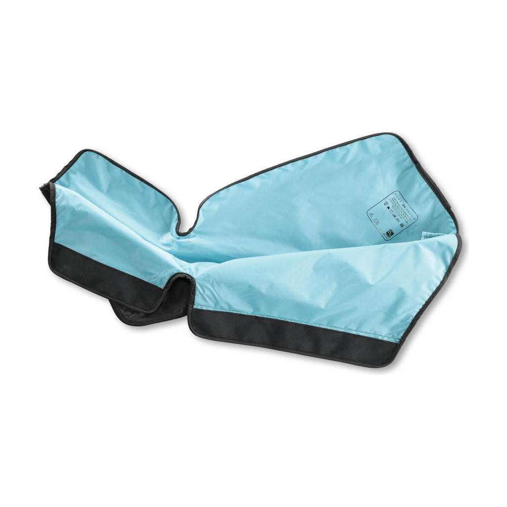 The half leg boot sleeve opened out on white to show the light-blue nylon lining and care label inside the black shell.