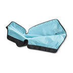 The half leg boot sleeve opened out on white to show the light-blue nylon lining and care label inside the black shell.