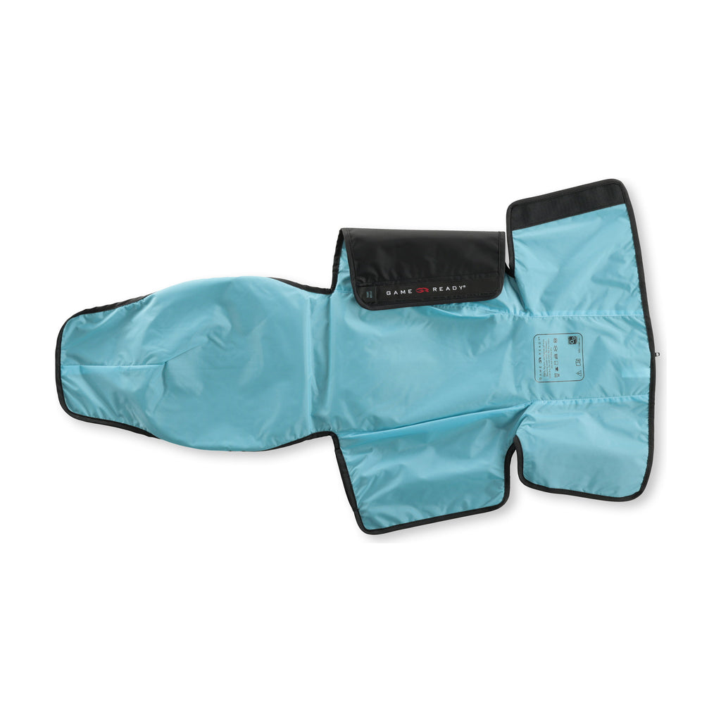 The hand and wrist sleeve opened out on white to show the light-blue lining with the black GAME READY closure flap across the middle.