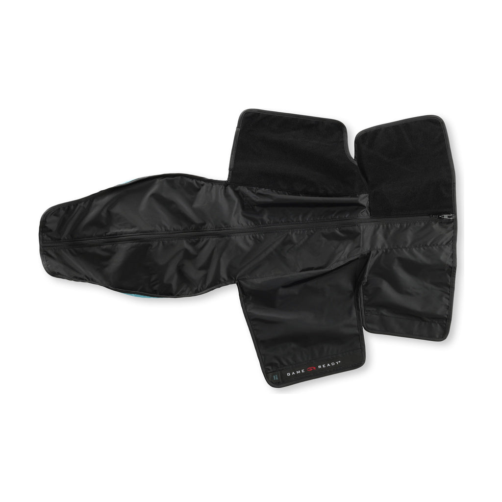 A black hand and wrist sleeve opened flat on white, forearm channel at left and the hand and thumb sections spread at right.