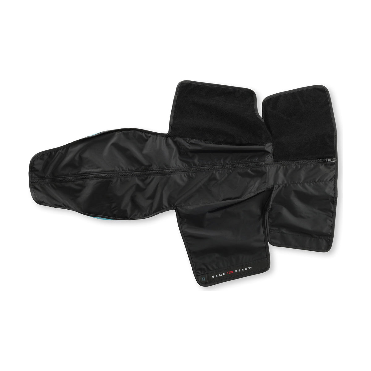 A black hand and wrist sleeve opened flat on white, forearm channel at left and the hand and thumb sections spread at right.