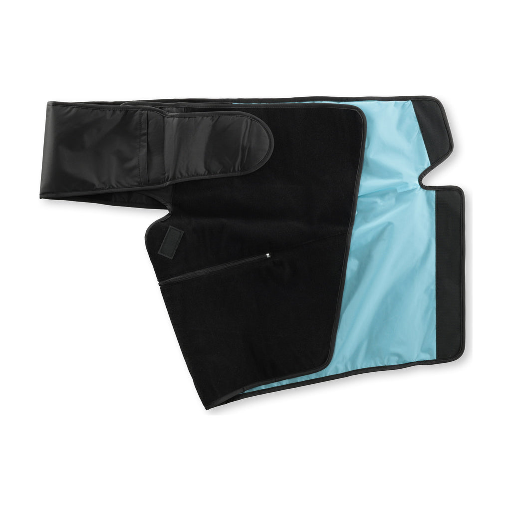 The left hip and groin sleeve on white, fleece face up, waist belt folded back and the light-blue lining visible at the thigh panel.
