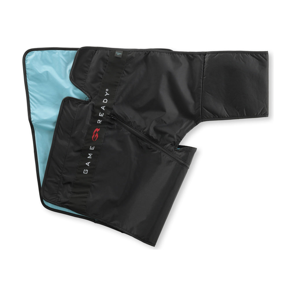 A black left hip and groin sleeve on white, waist belt folded back over the thigh panel with the light-blue lining showing along the edge.