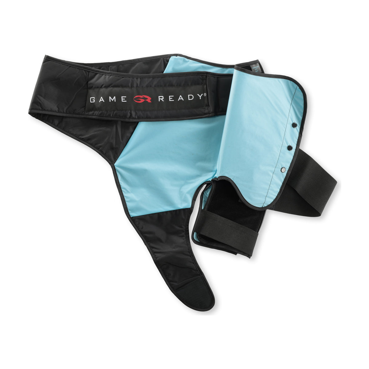 The left shoulder sleeve opened on white to show the light-blue lining and the snap closures along the shoulder cap.