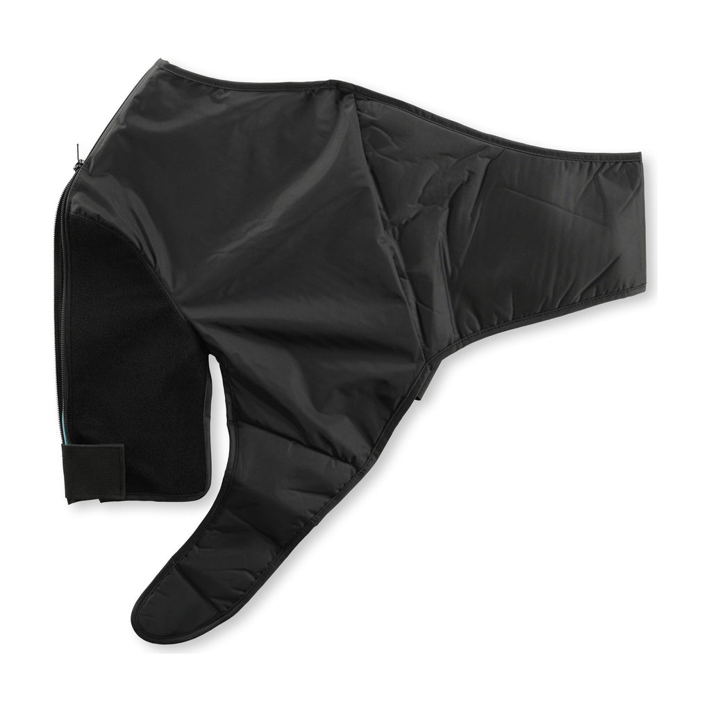 A second reverse view of the left shoulder sleeve on white showing the plain black nylon outer face and side zip.