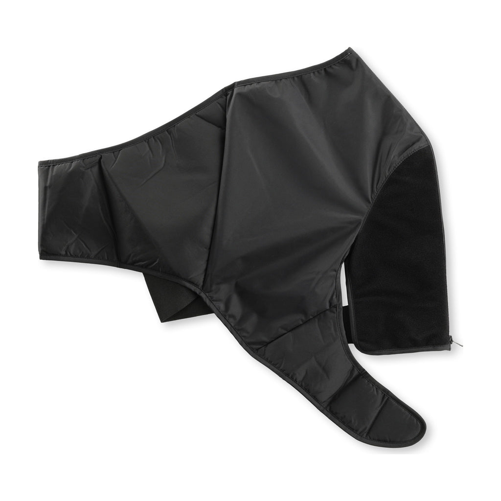 The left shoulder sleeve on white from the reverse, plain black nylon outer face with the underarm strap extended.