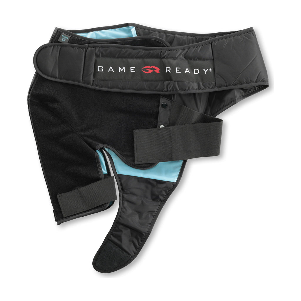 A black right shoulder sleeve on white, chest belt with the GAME READY wordmark above the fleece shoulder panel and the underarm strap hanging free.
