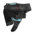 A black right shoulder sleeve on white, chest belt with the GAME READY wordmark above the fleece shoulder panel and the underarm strap hanging free.