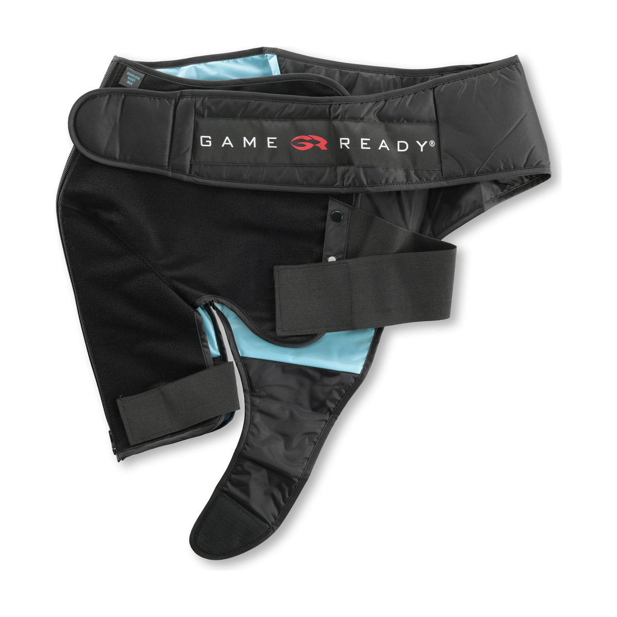 A black right shoulder sleeve on white, chest belt with the GAME READY wordmark above the fleece shoulder panel and the underarm strap hanging free.
