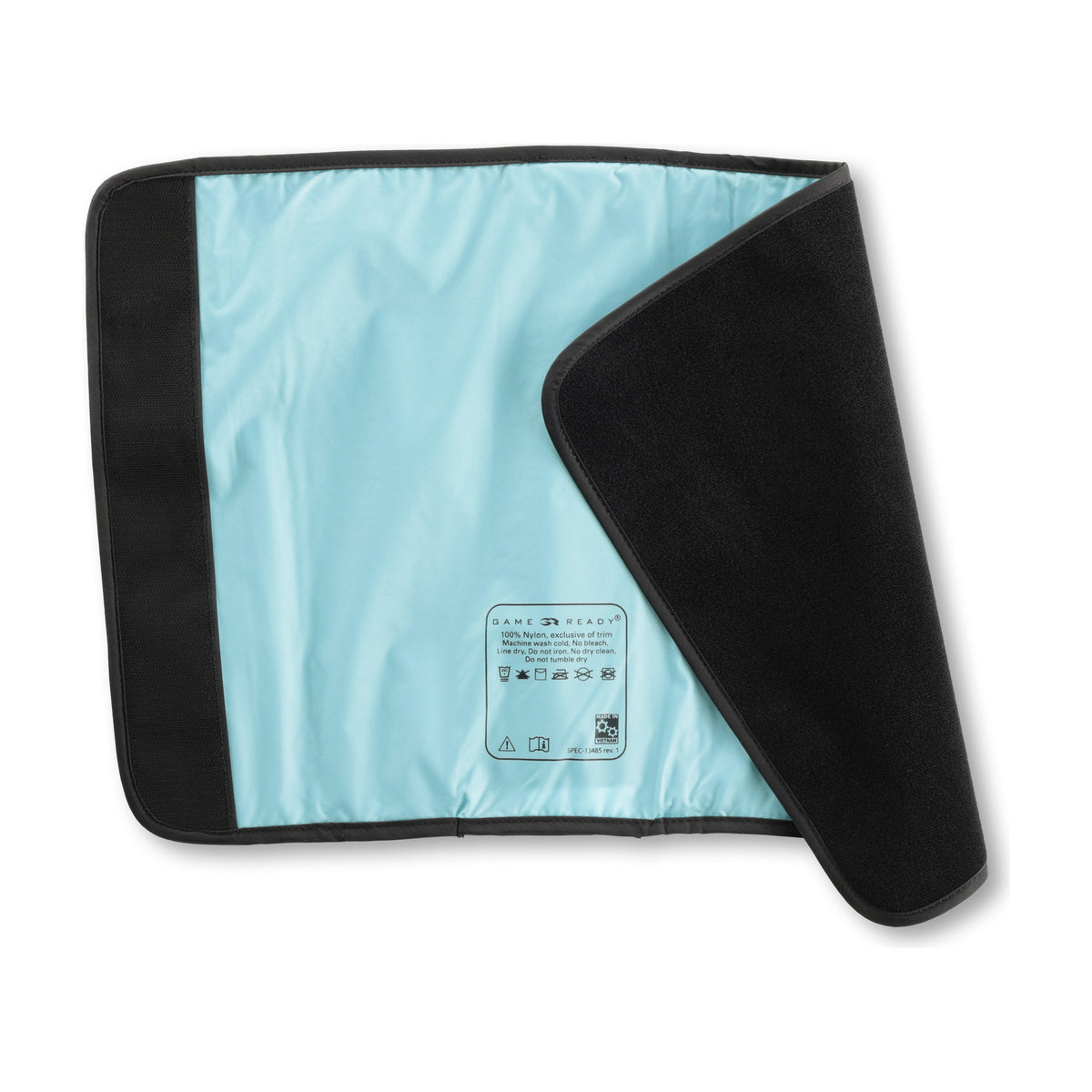 The straight elbow sleeve folded open on white to show the light-blue nylon lining and care label behind the black fleece panel.