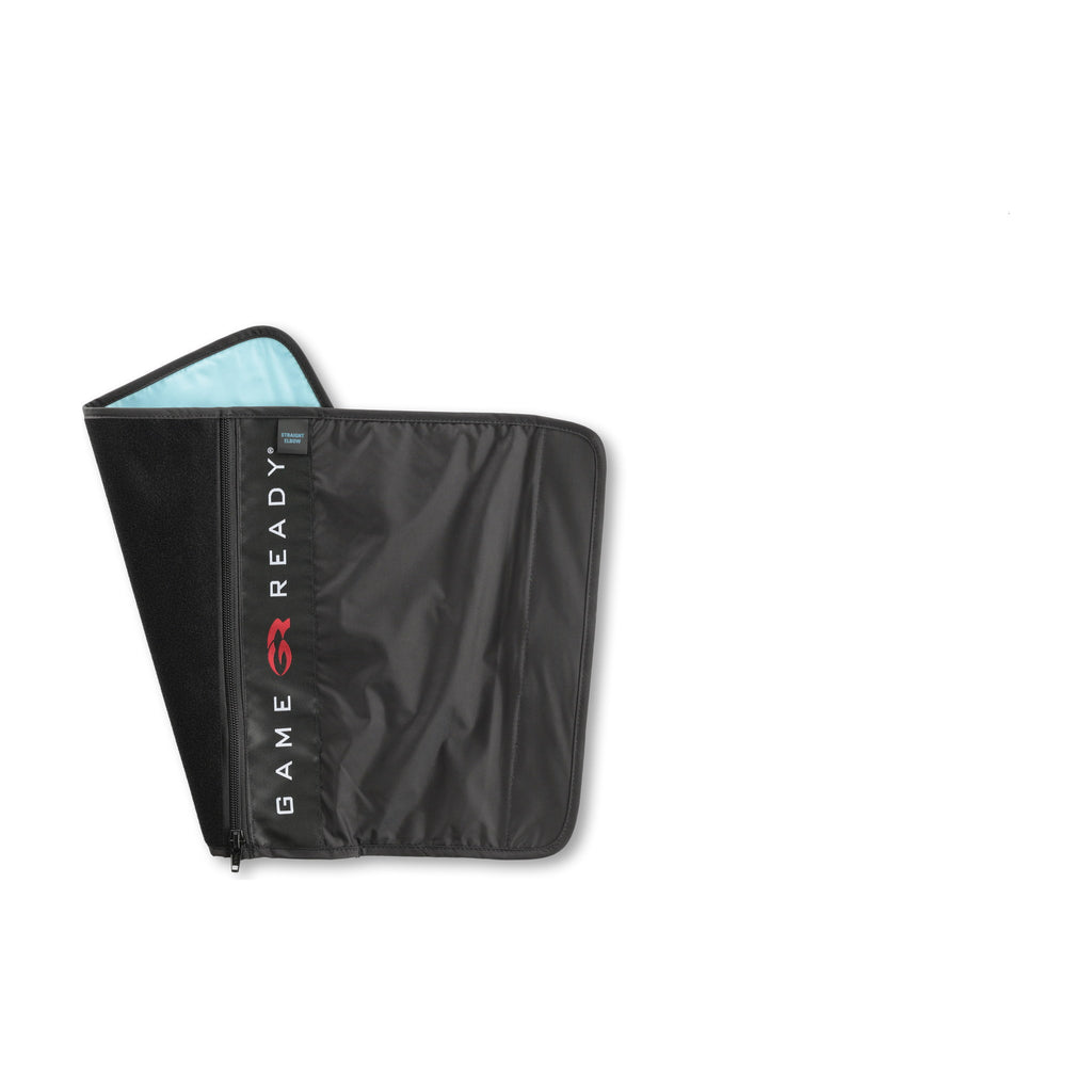 A black straight elbow sleeve opened flat on white with the vertical GAME READY wordmark, full-length zip and the sewn STRAIGHT ELBOW tag visible.