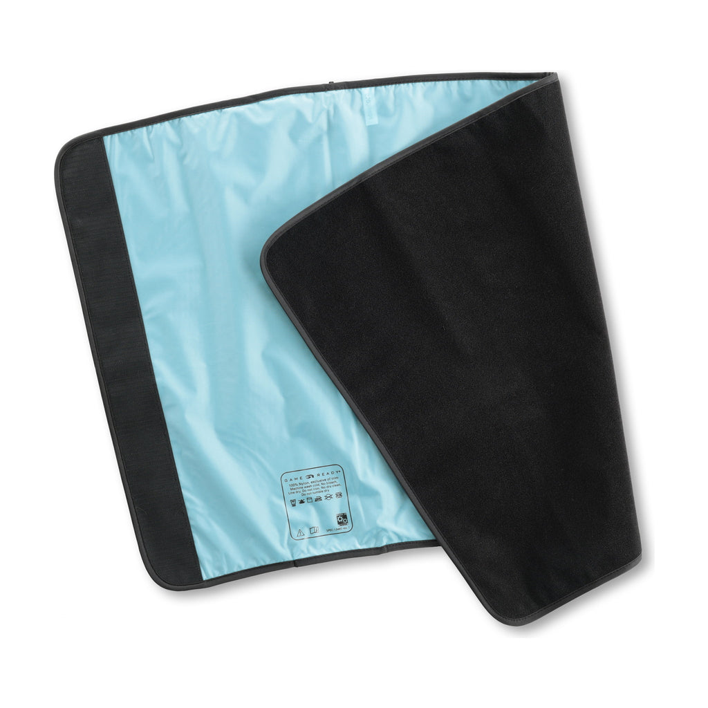 The straight knee sleeve folded open on white to show the light-blue nylon lining and care label against the black fleece panel.