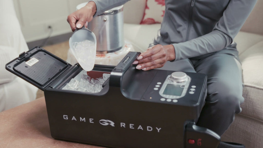 Game Ready cold and compression therapy system: the Control Unit being filled with ice and water, then in use during gym, Pilates, golf and tennis recovery sessions.