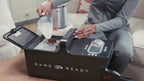 Game Ready cold and compression therapy system: the Control Unit being filled with ice and water, then in use during gym, Pilates, golf and tennis recovery sessions.